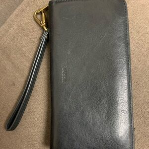 Vintage Fossil Leather Wallet Women's Black Wristlet Black Interior